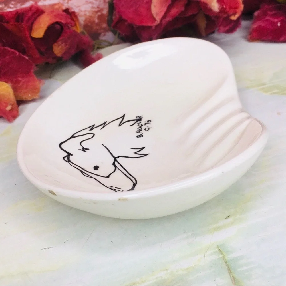 Vintage 70s Hand Painted White Ceramic Borzoi Dog Ashtray Trinket Dish